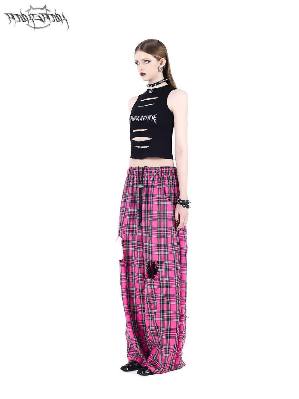 PINKSPINK Pink Plaid Hand Distressed Rock Punk Hip Hop Women's Wide-leg Pants