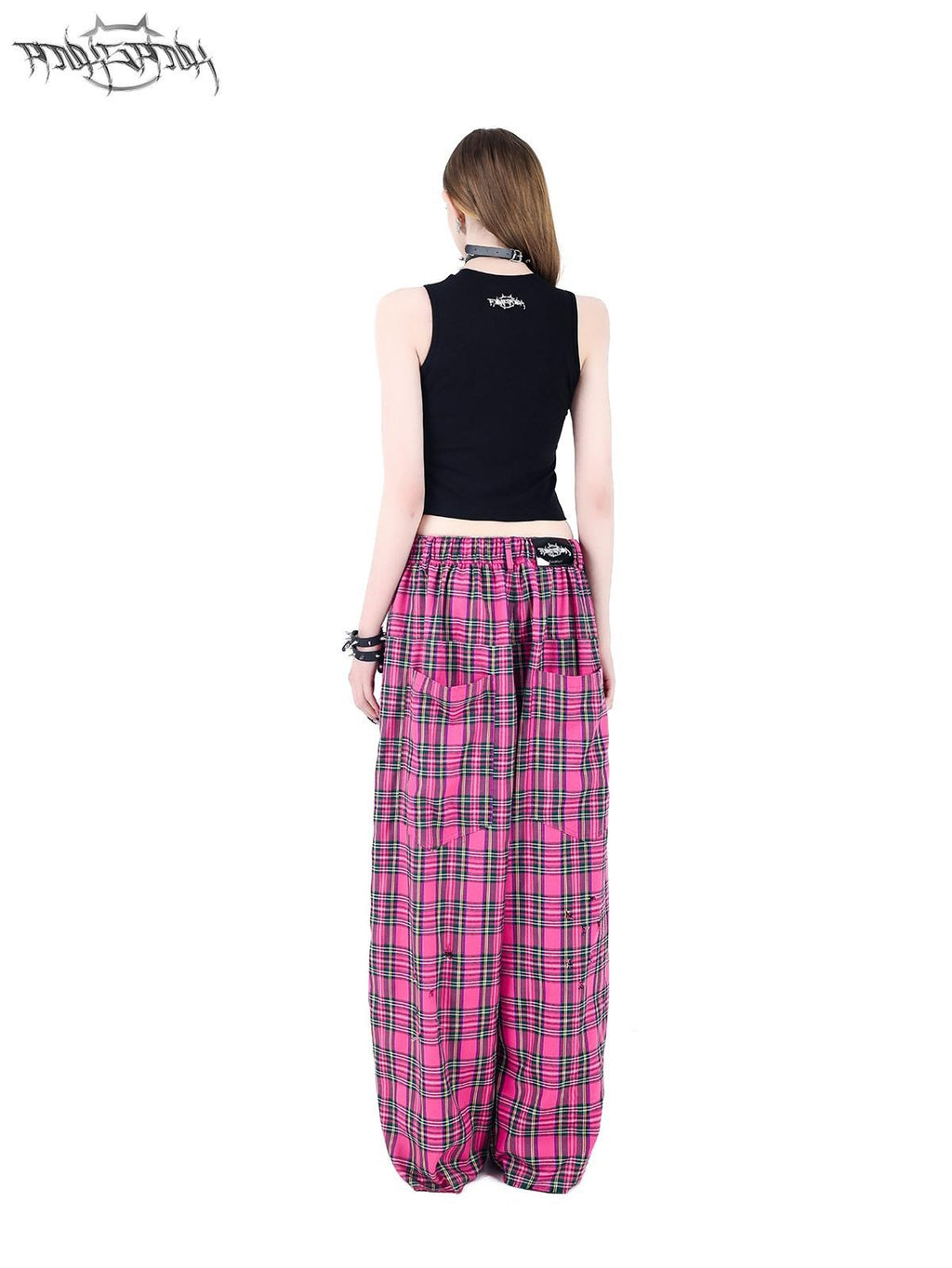 PINKSPINK Pink Plaid Hand Distressed Rock Punk Hip Hop Women's Wide-leg Pants