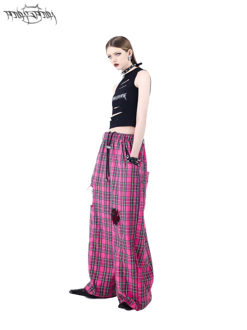 PINKSPINK Pink Plaid Hand Distressed Rock Punk Hip Hop Women's Wide-leg Pants