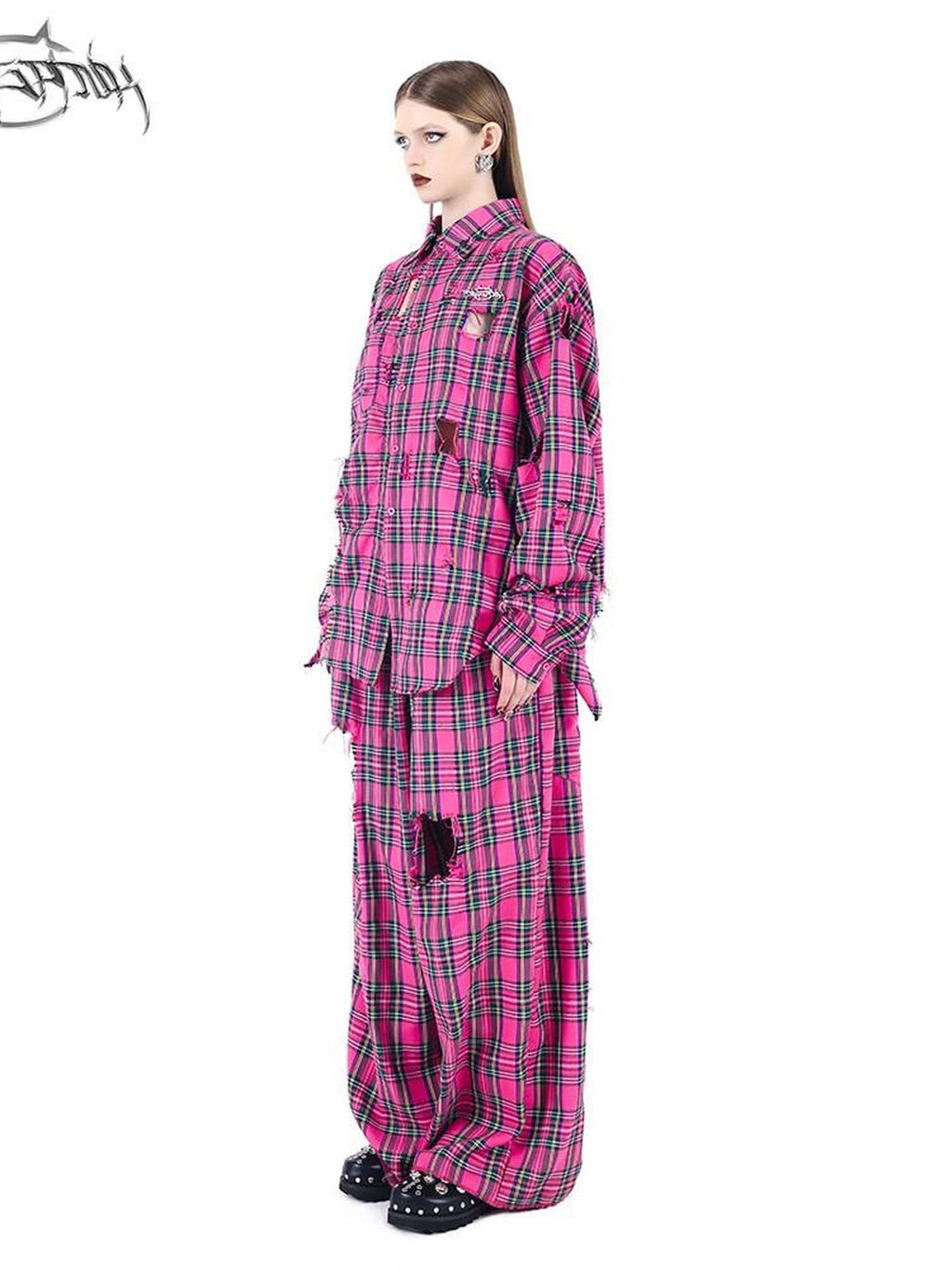 PINKSPINK Pink Plaid Hand Distressed Rock Punk Hip Hop Women's Wide-leg Pants