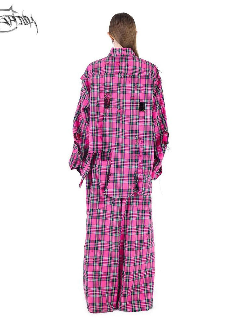 PINKSPINK Pink Plaid Hand Distressed Rock Punk Hip Hop Women's Wide-leg Pants