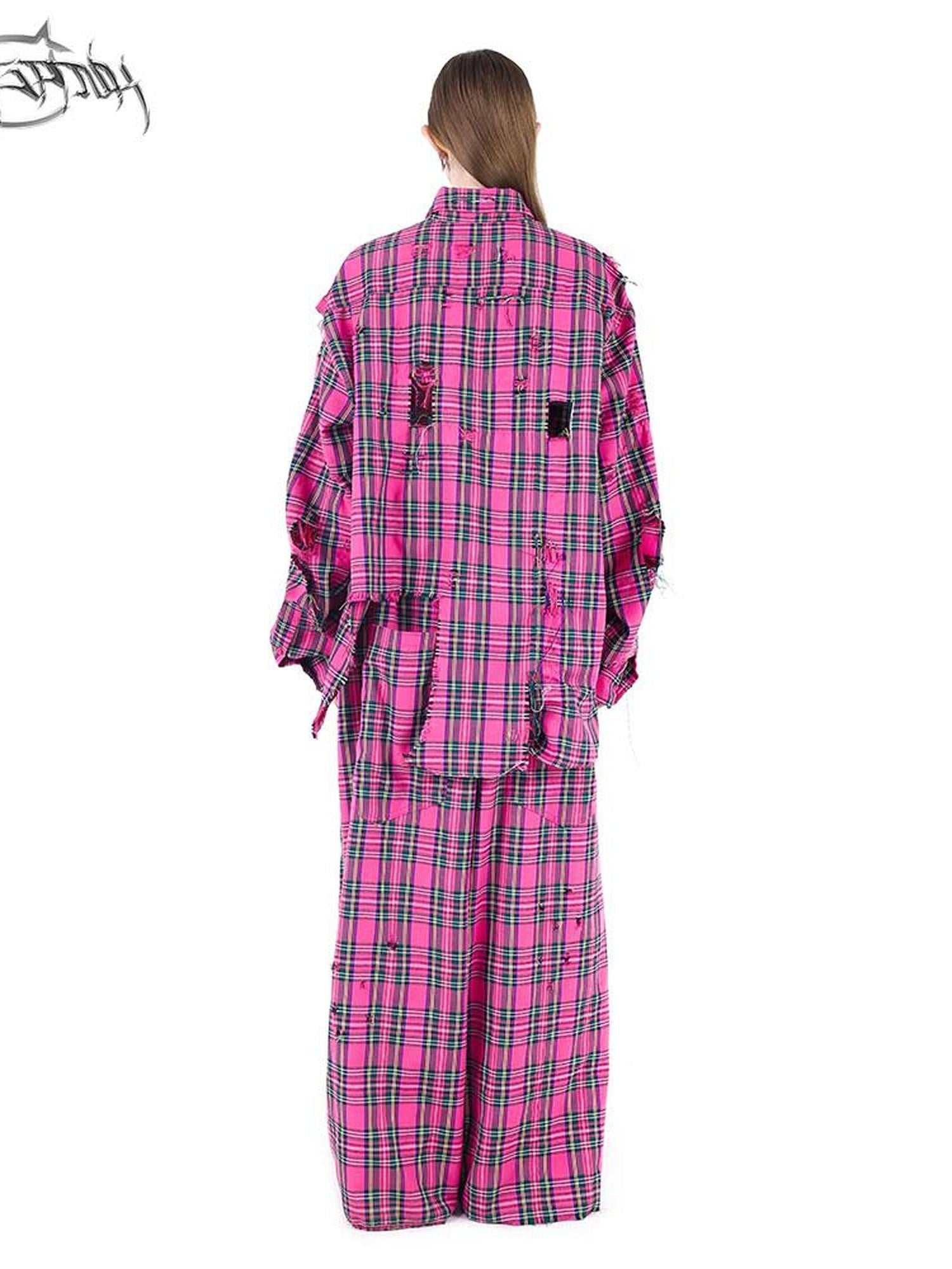 PINKSPINK Pink Plaid Hand Distressed Rock Punk Hip Hop Women's Wide-leg Pants