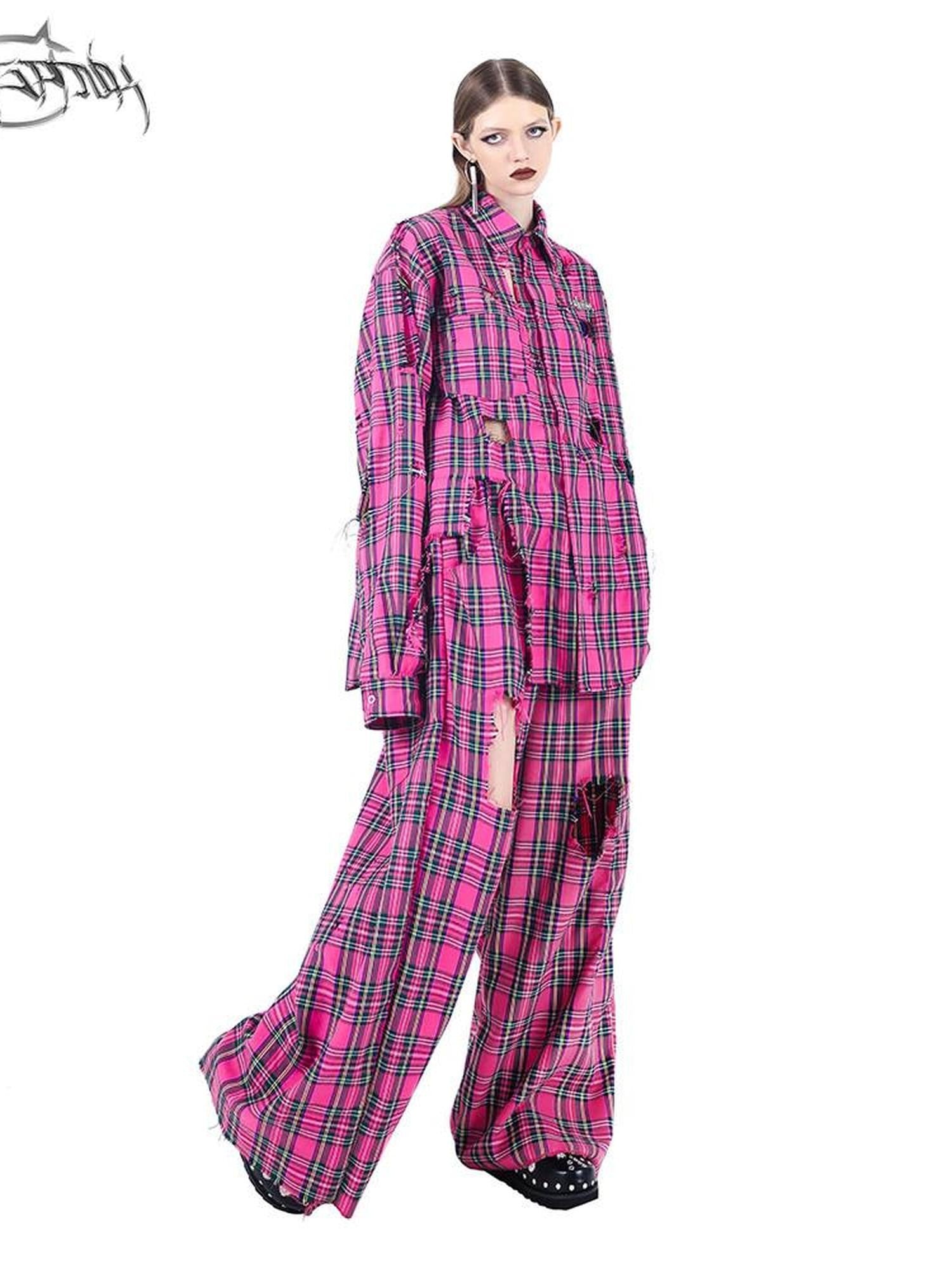 PINKSPINK Pink Plaid Hand Distressed Rock Punk Hip Hop Women's Wide-leg Pants