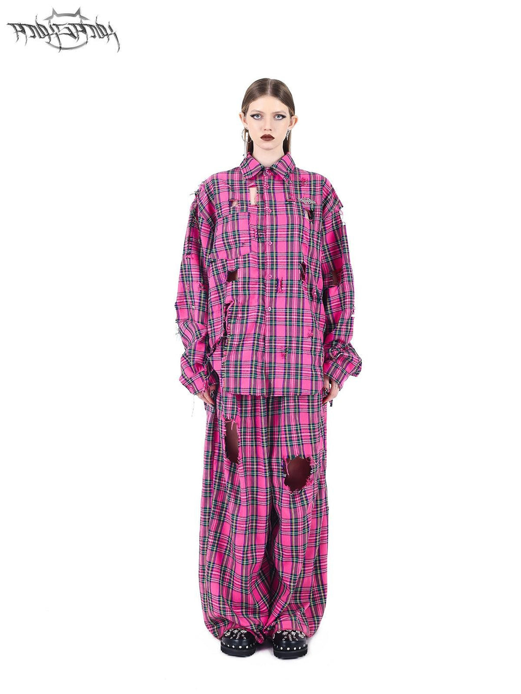 PINKSPINK Pink Plaid Hand Distressed Rock Punk Hip Hop Women's Wide-leg Pants