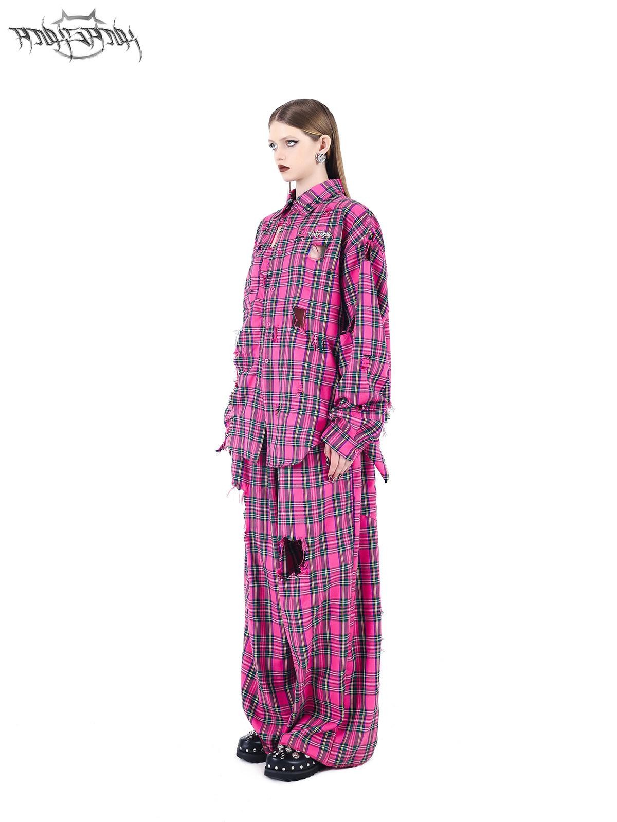 PINKSPINK Pink Plaid Hand Distressed Rock Punk Hip Hop Women's Wide-leg Pants