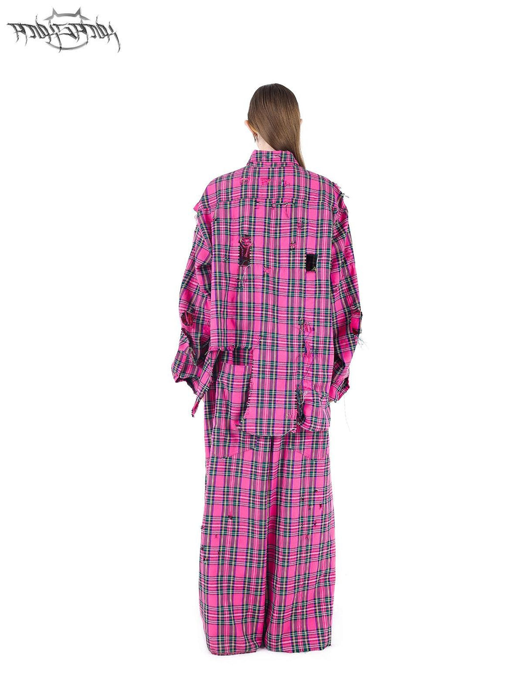 PINKSPINK Pink Plaid Hand Distressed Rock Punk Hip Hop Women's Wide-leg Pants