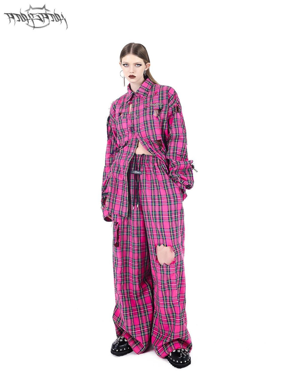 PINKSPINK Pink Plaid Hand Distressed Rock Punk Hip Hop Women's Wide-leg Pants
