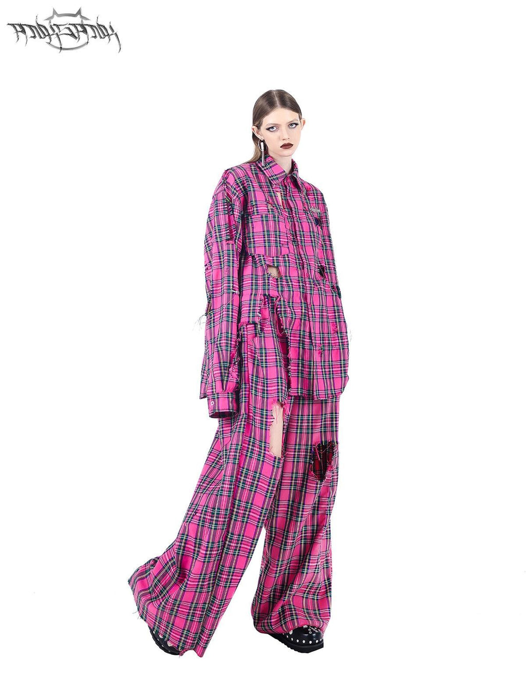 PINKSPINK Pink Plaid Hand Distressed Rock Punk Hip Hop Women's Wide-leg Pants