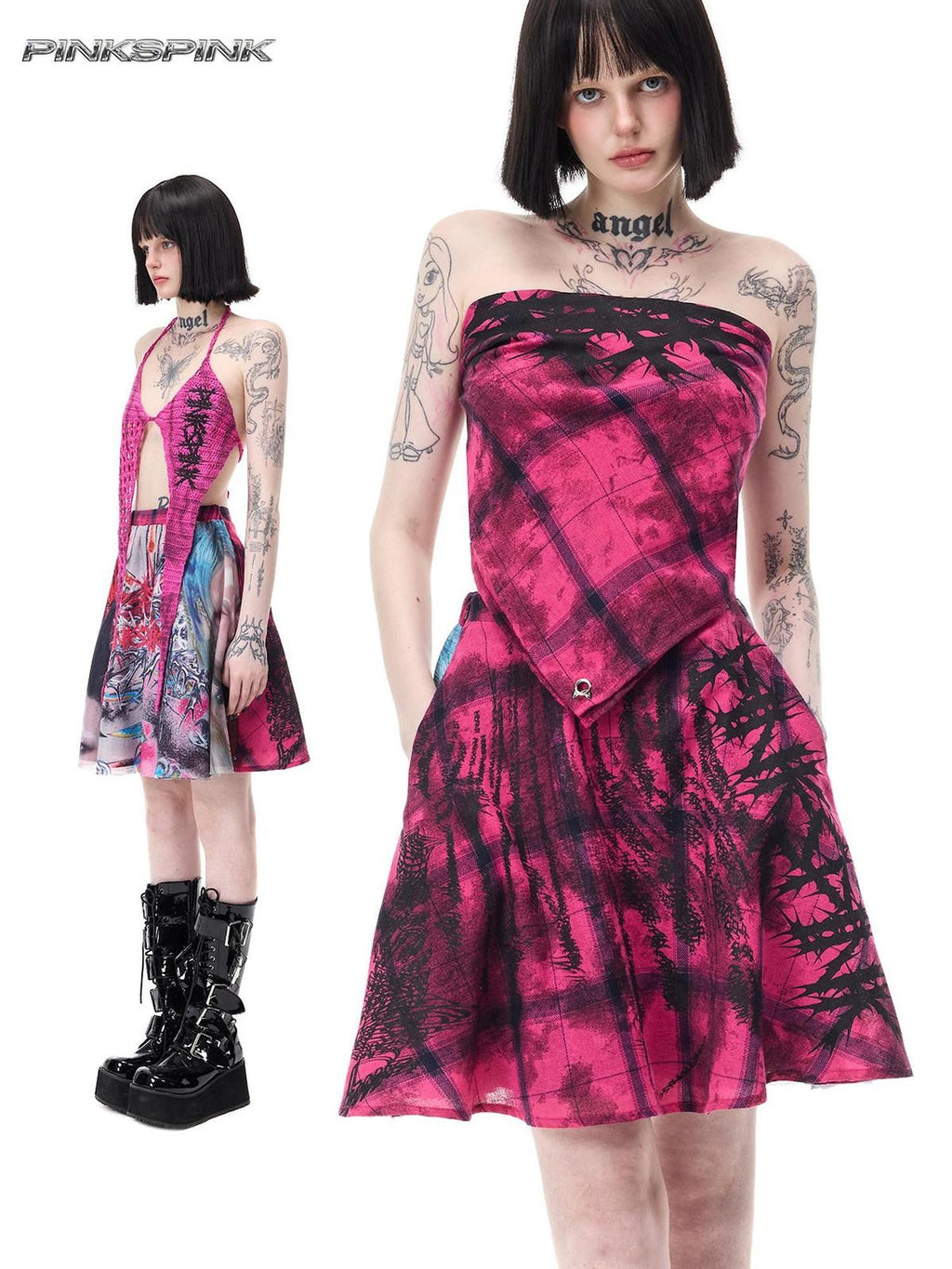 PINKSPINK Pink Plaid Patchwork Reversible Portrait Punk Women's Triacetate A-line Skirts