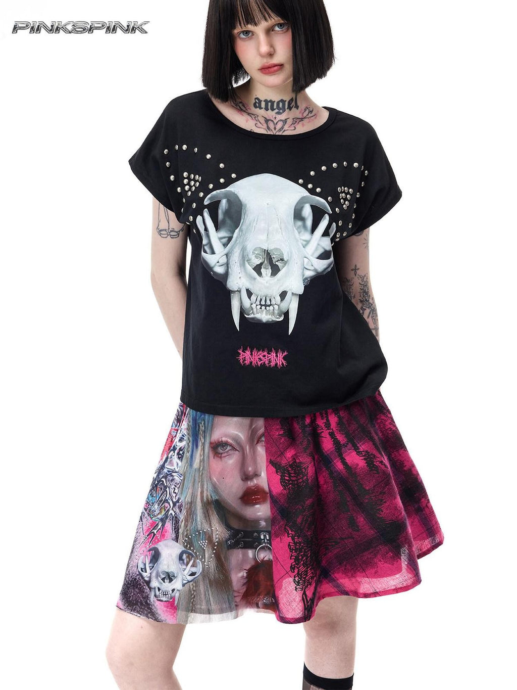 PINKSPINK Pink Plaid Patchwork Reversible Portrait Punk Women's Triacetate A-line Skirts