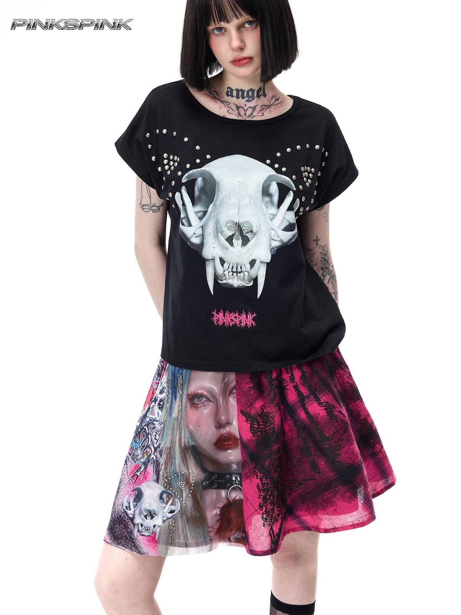 PINKSPINK Pink Plaid Patchwork Reversible Portrait Punk Women's Triacetate A-line Skirts