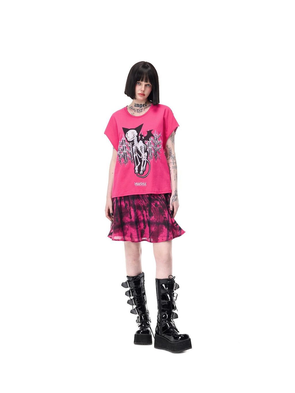PINKSPINK Pink Plaid Patchwork Reversible Portrait Punk Women's Triacetate A-line Skirts