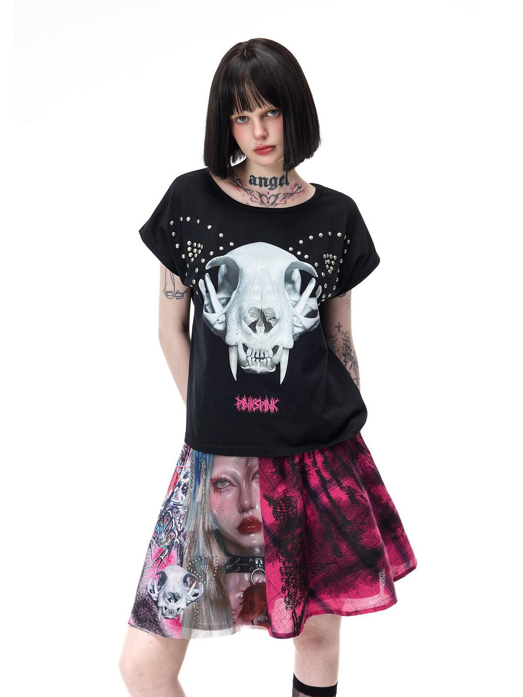 PINKSPINK Pink Plaid Patchwork Reversible Portrait Punk Women's Triacetate A-line Skirts