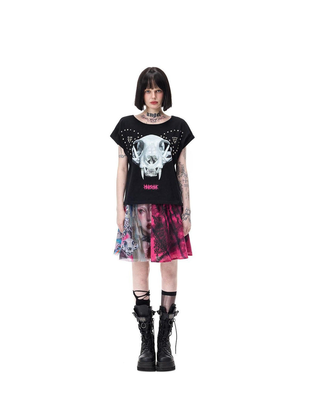 PINKSPINK Pink Plaid Patchwork Reversible Portrait Punk Women's Triacetate A-line Skirts