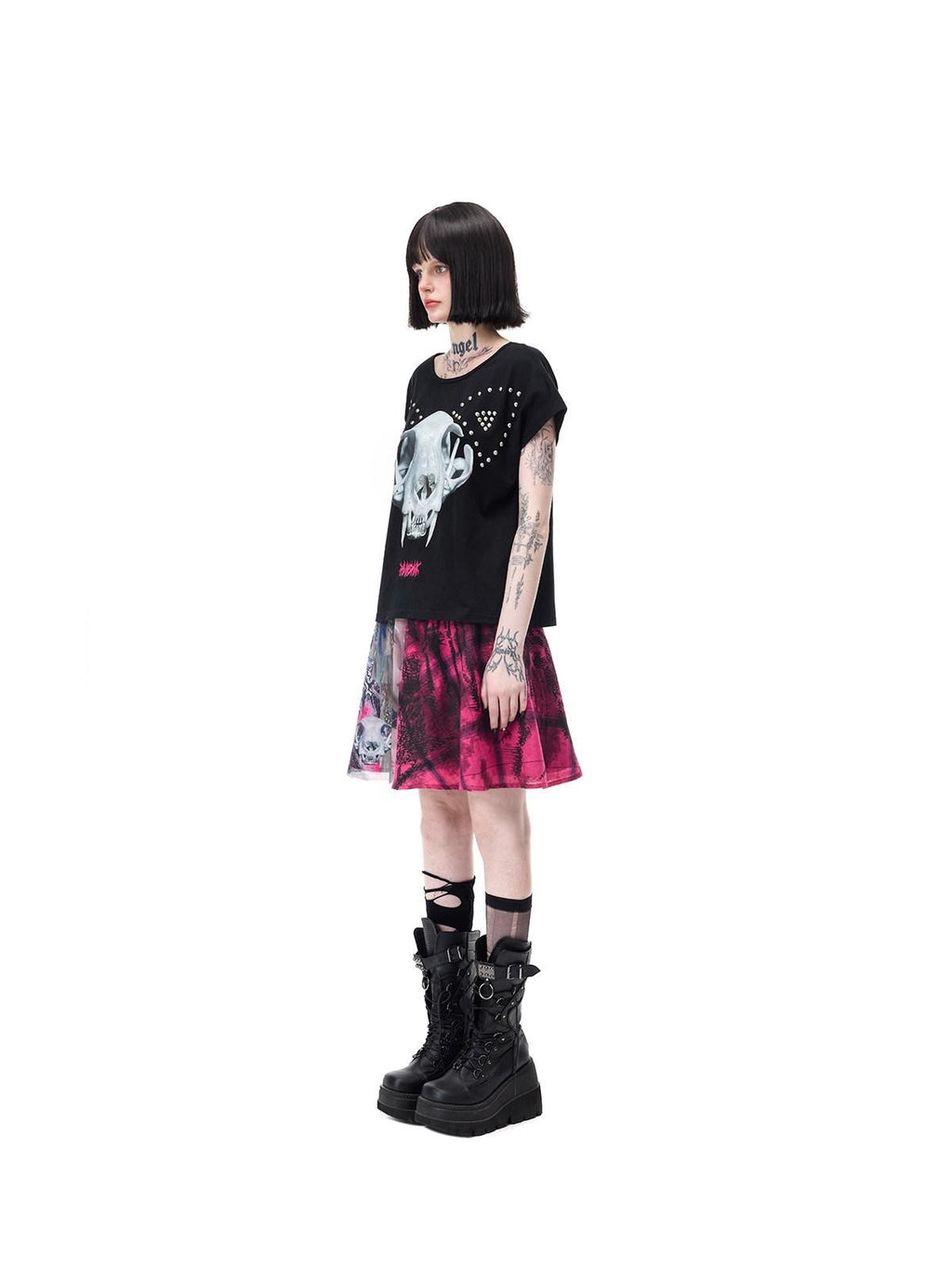 PINKSPINK Pink Plaid Patchwork Reversible Portrait Punk Women's Triacetate A-line Skirts