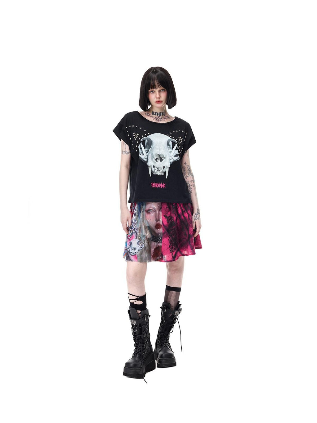 PINKSPINK Pink Plaid Patchwork Reversible Portrait Punk Women's Triacetate A-line Skirts