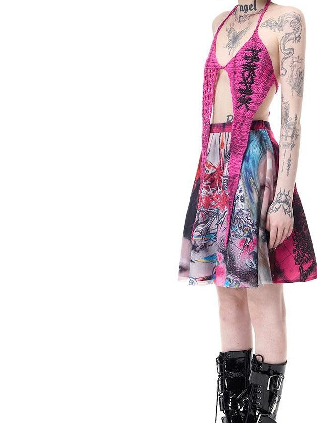 PINKSPINK Pink Plaid Portrait Patchwork Reversible Punk Women's Triacetate A-line Skirts