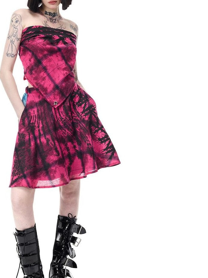 PINKSPINK Pink Plaid Portrait Patchwork Reversible Punk Women's Triacetate A-line Skirts