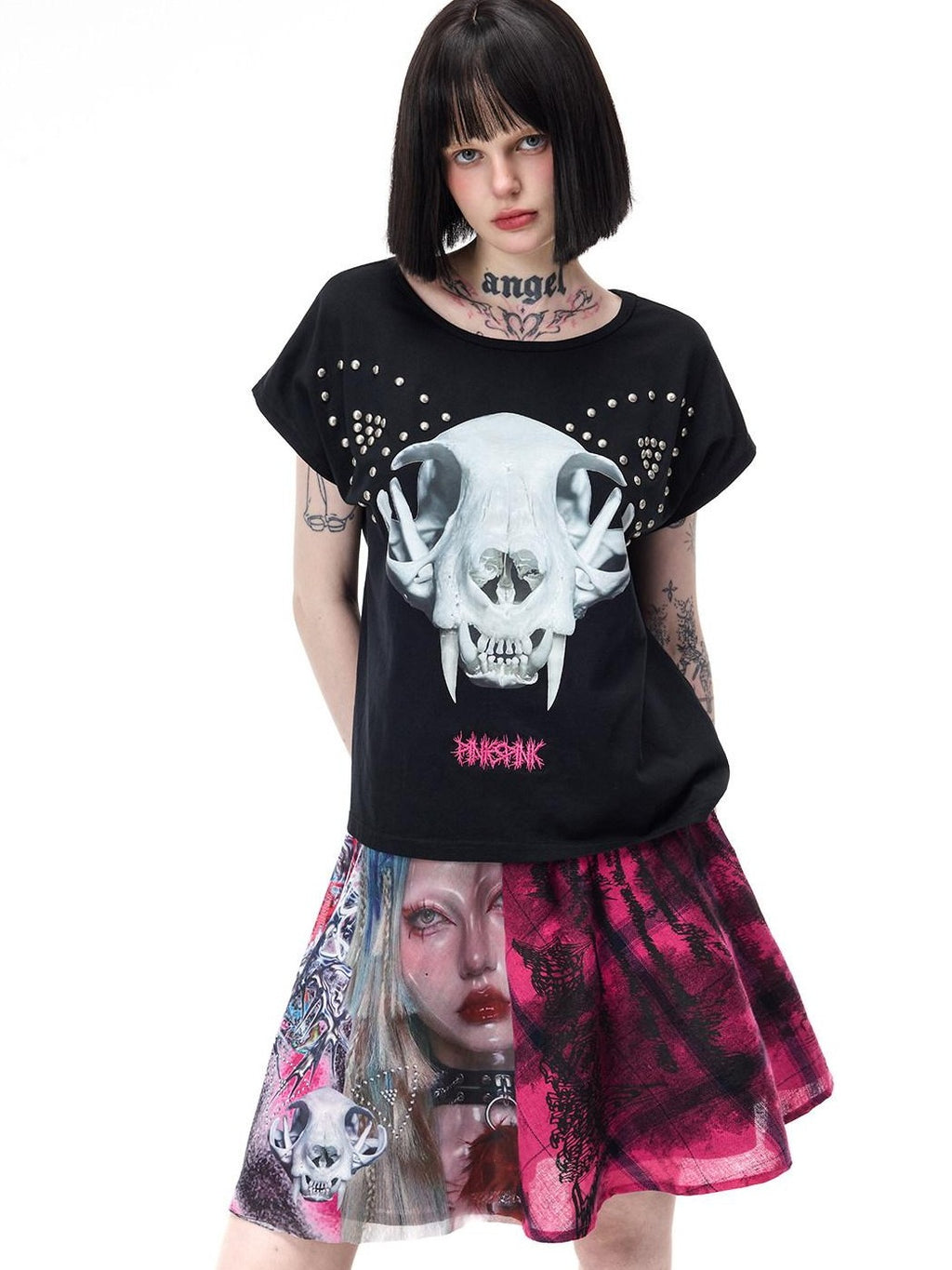 PINKSPINK Pink Plaid Portrait Patchwork Reversible Punk Women's Triacetate A-line Skirts