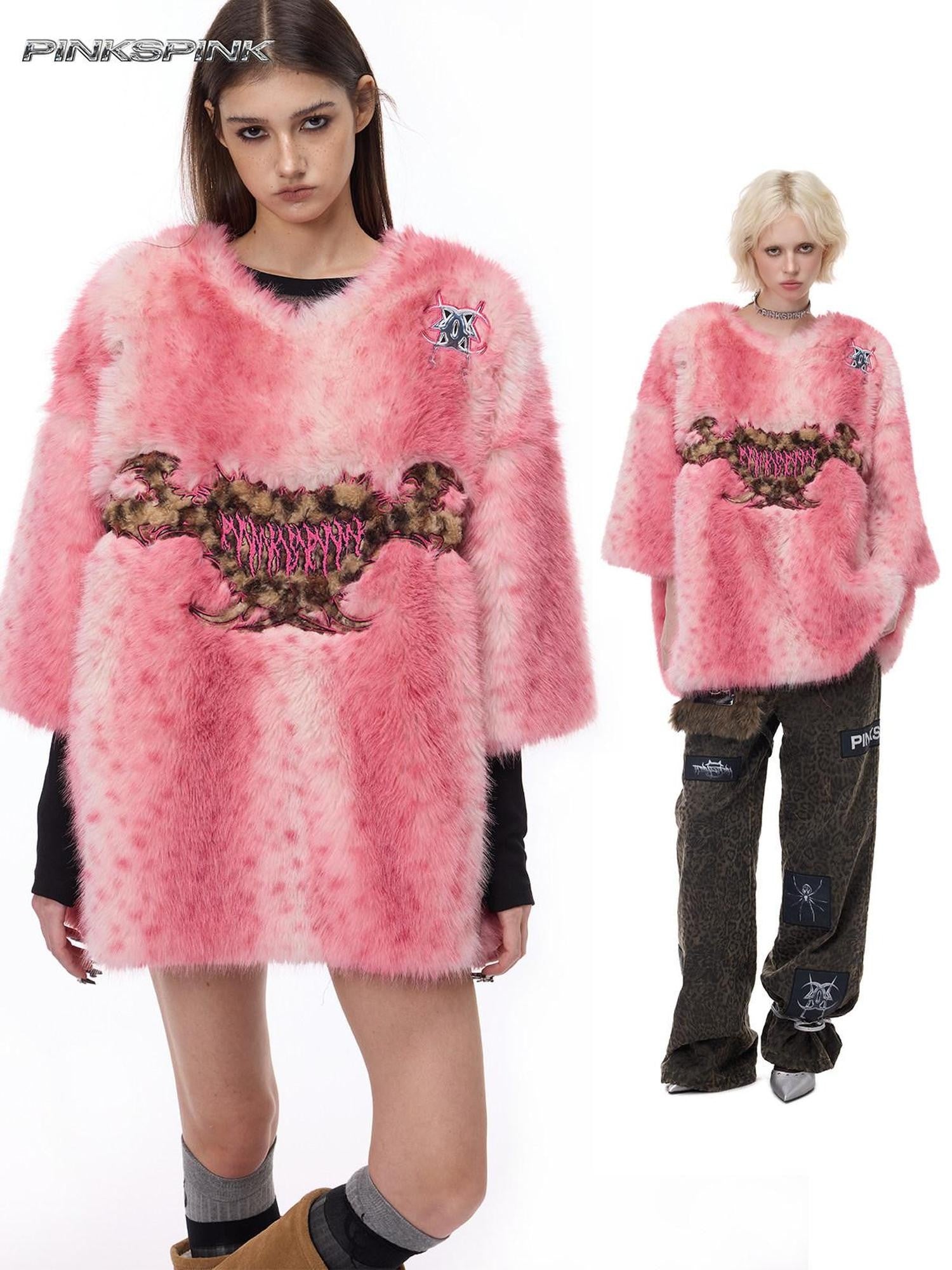 PINKSPINK Pink Pom Leopard Print Heart Embroidered 3d Detail Women's Faux Fur Coats