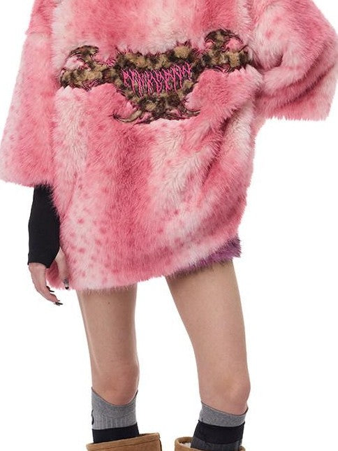 PINKSPINK Pink Pom Leopard Print Heart Embroidered 3d Detail Women's Faux Fur Coats