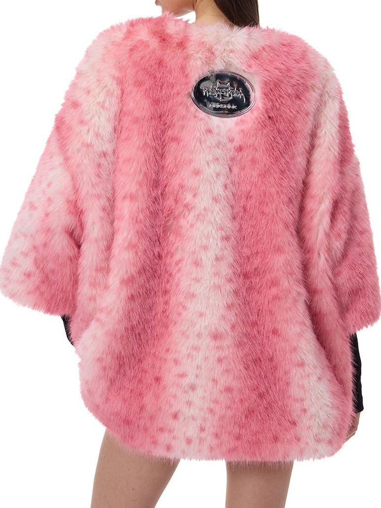 PINKSPINK Pink Pom Leopard Print Heart Embroidered 3d Detail Women's Faux Fur Coats