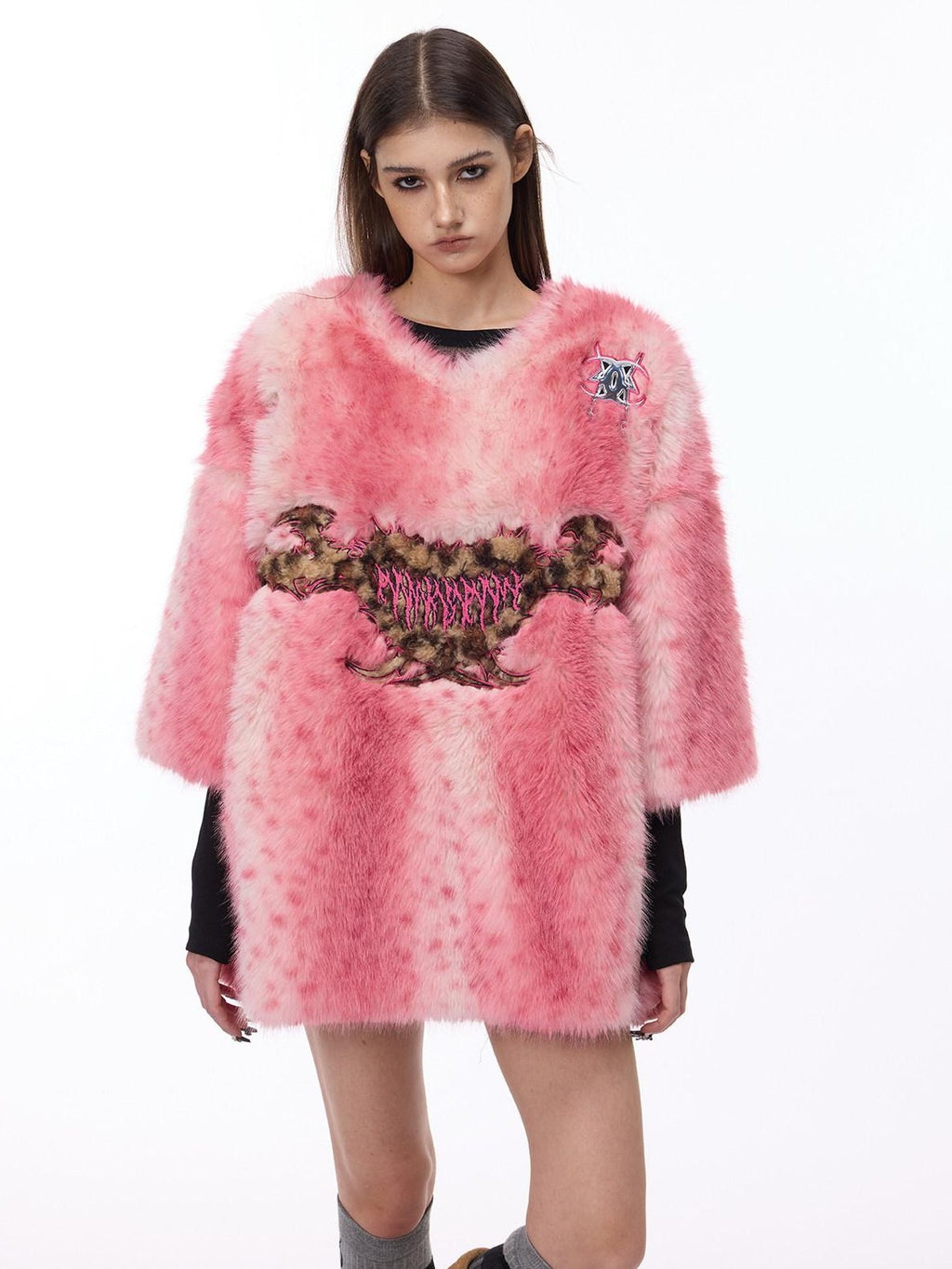 PINKSPINK Pink Pom Leopard Print Heart Embroidered 3d Detail Women's Faux Fur Coats