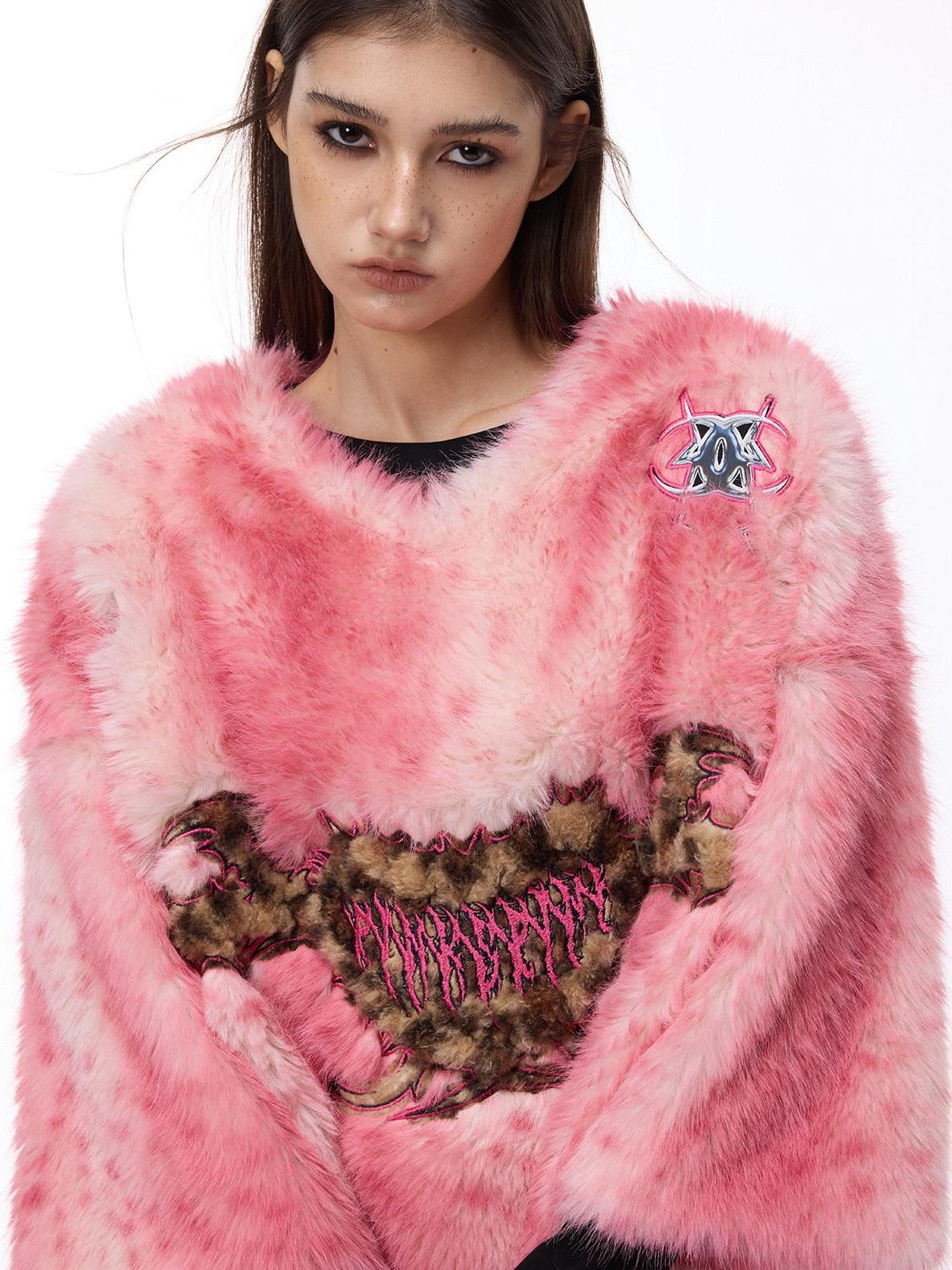 PINKSPINK Pink Pom Leopard Print Heart Embroidered 3d Detail Women's Faux Fur Coats