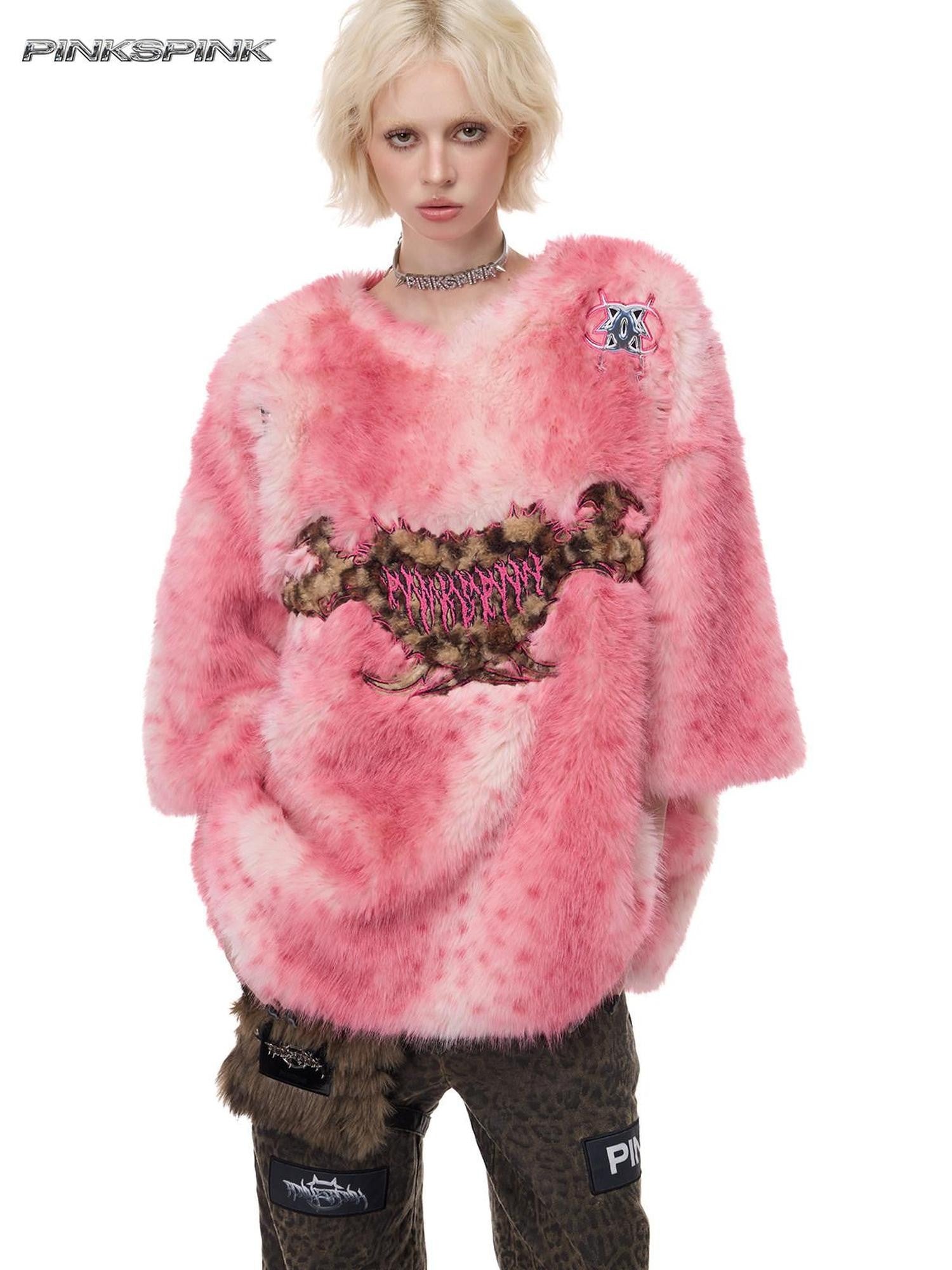 PINKSPINK Pink Pom Leopard Print Heart Embroidered 3d Detail Women's Faux Fur Coats