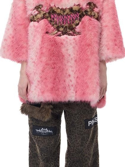 PINKSPINK Pink Pom Leopard Print Heart Embroidered 3d Detail Women's Faux Fur Coats