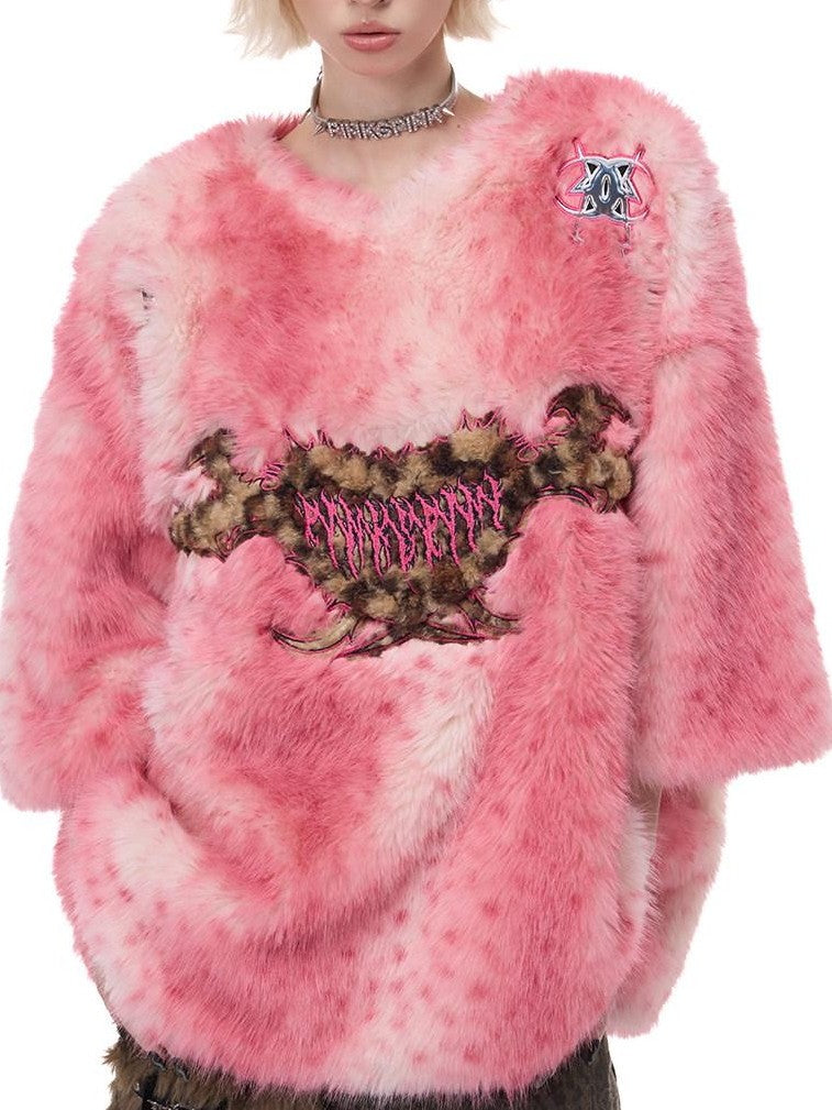 PINKSPINK Pink Pom Leopard Print Heart Embroidered 3d Detail Women's Faux Fur Coats
