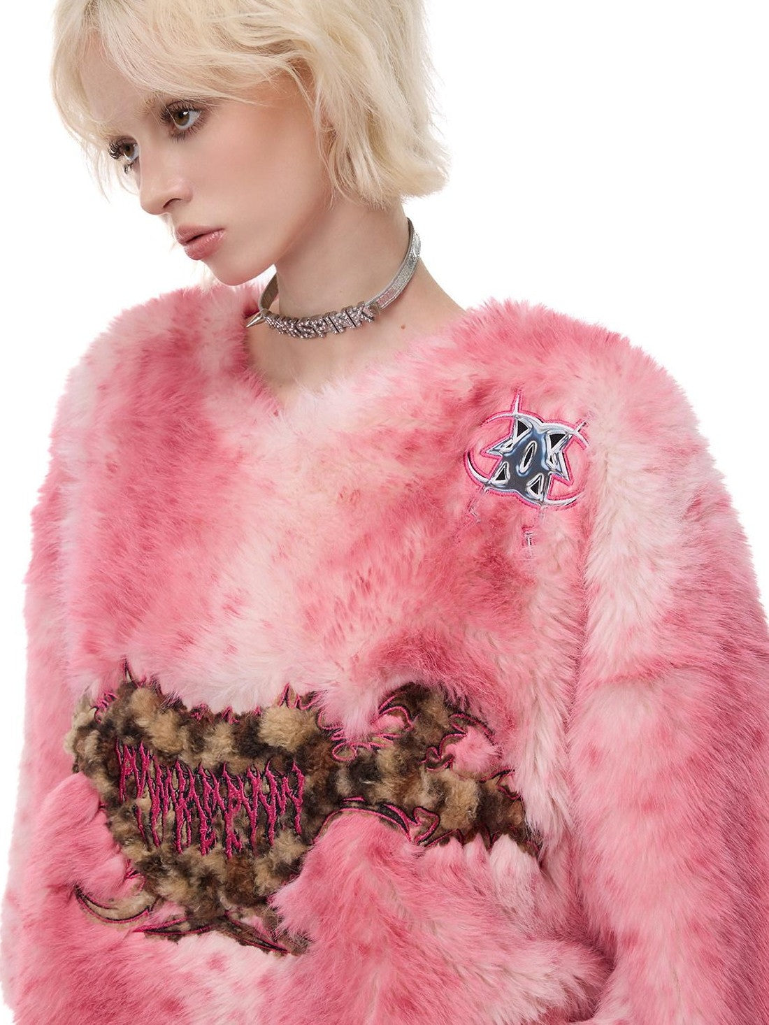 PINKSPINK Pink Pom Leopard Print Heart Embroidered 3d Detail Women's Faux Fur Coats