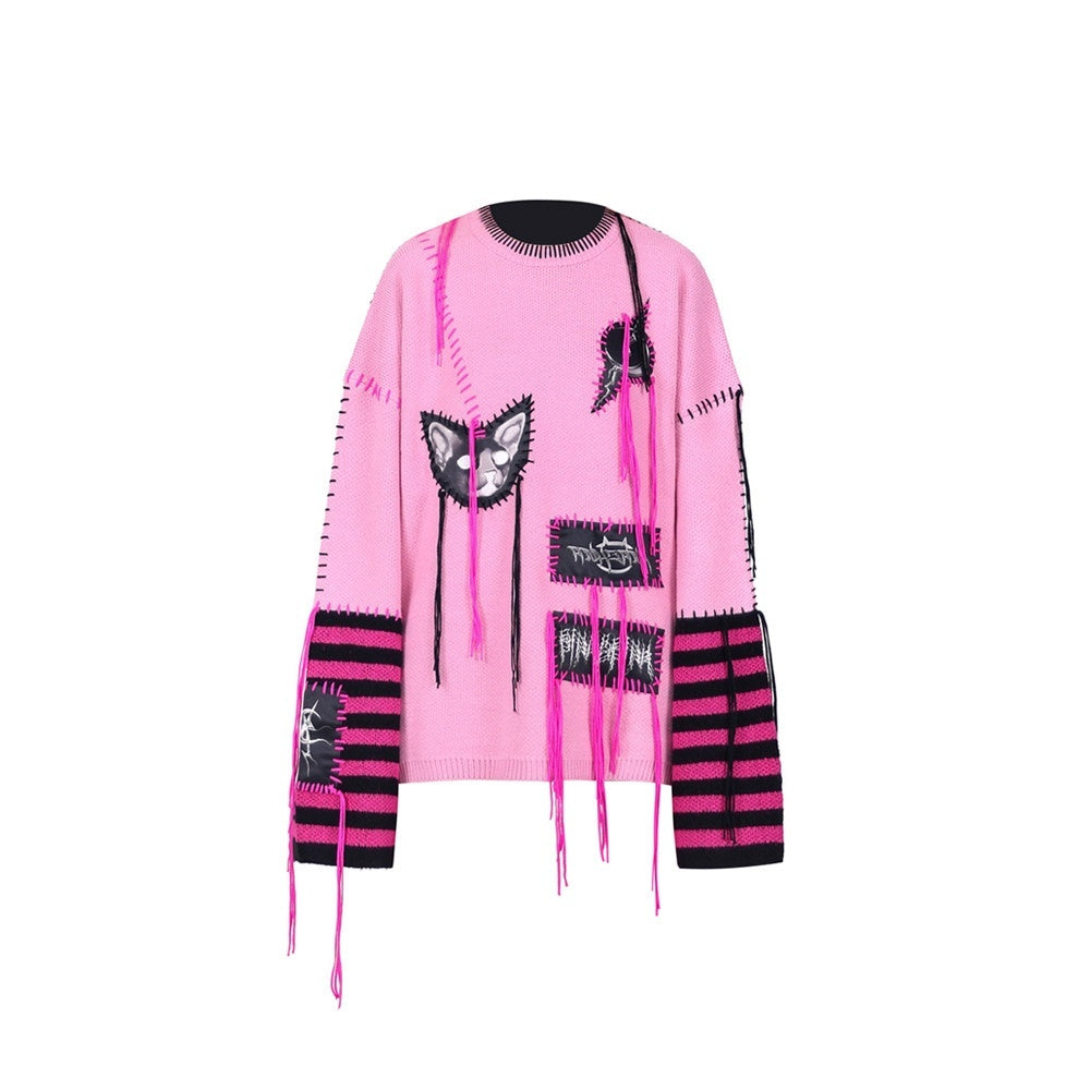 PINKSPINK_Pink_Sphinx_Cat_Handmade_Patch_Rock_Punk_Striped_Women's_Acrylic_Blend_Sweaters_758182484902_MISSTT