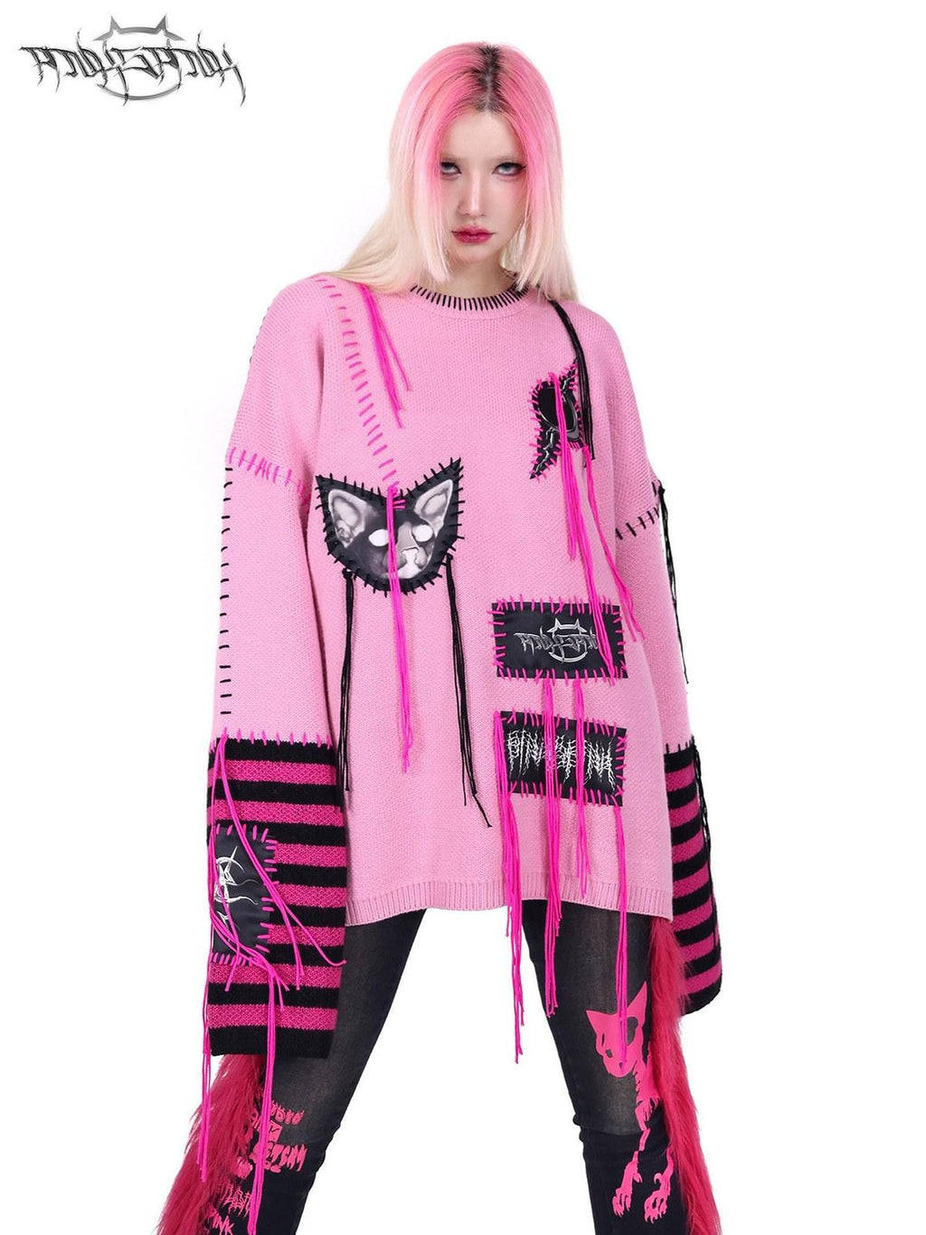 PINKSPINK Pink Sphinx Cat Handmade Patch Rock Punk Striped Women's Acrylic Blend Sweaters