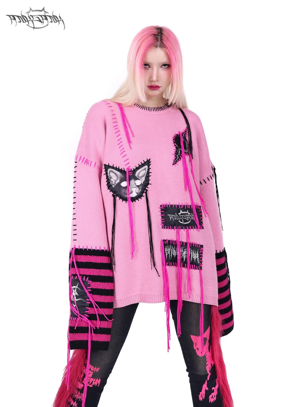 PINKSPINK Pink Sphinx Cat Handmade Patch Rock Punk Striped Women's Acrylic Blend Sweaters
