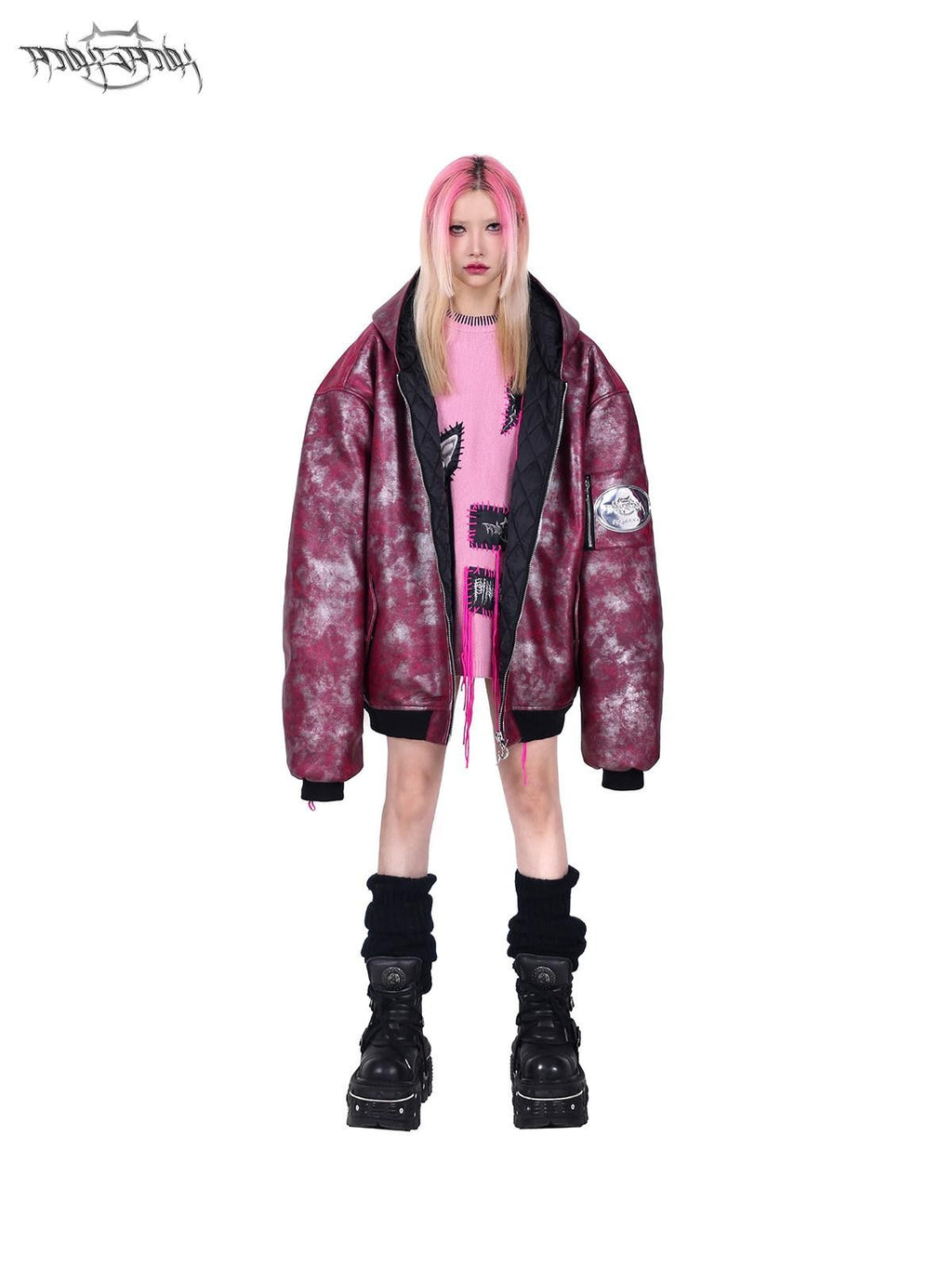 PINKSPINK Pink Sphinx Cat Handmade Patch Rock Punk Striped Women's Acrylic Blend Sweaters