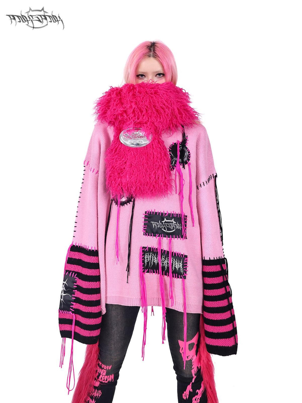 PINKSPINK Pink Sphinx Cat Handmade Patch Rock Punk Striped Women's Acrylic Blend Sweaters