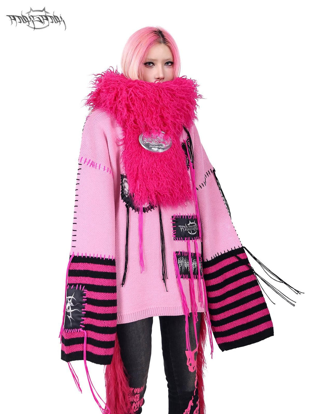 PINKSPINK Pink Sphinx Cat Handmade Patch Rock Punk Striped Women's Acrylic Blend Sweaters
