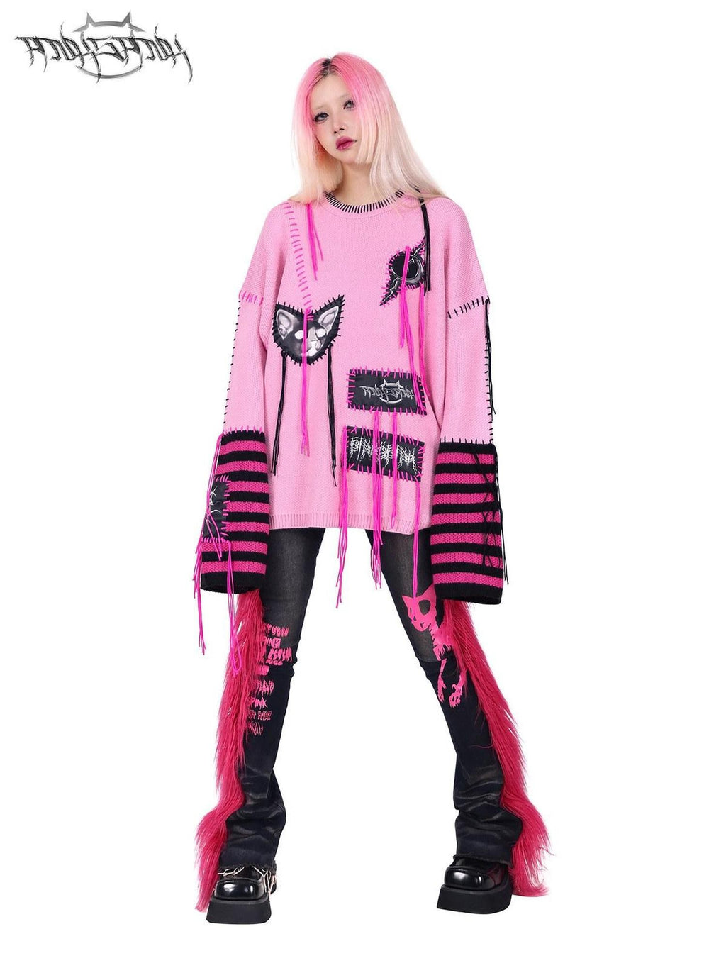 PINKSPINK Pink Sphinx Cat Handmade Patch Rock Punk Striped Women's Acrylic Blend Sweaters