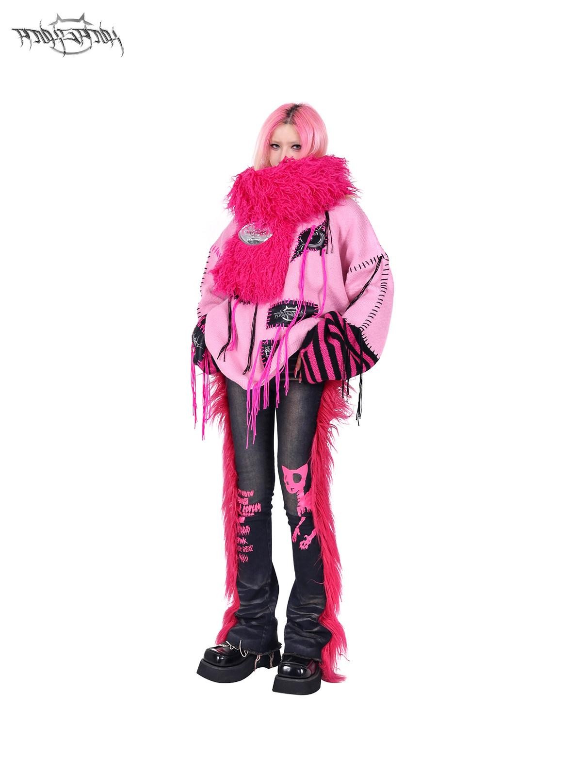PINKSPINK Pink Sphinx Cat Handmade Patch Rock Punk Striped Women's Acrylic Blend Sweaters