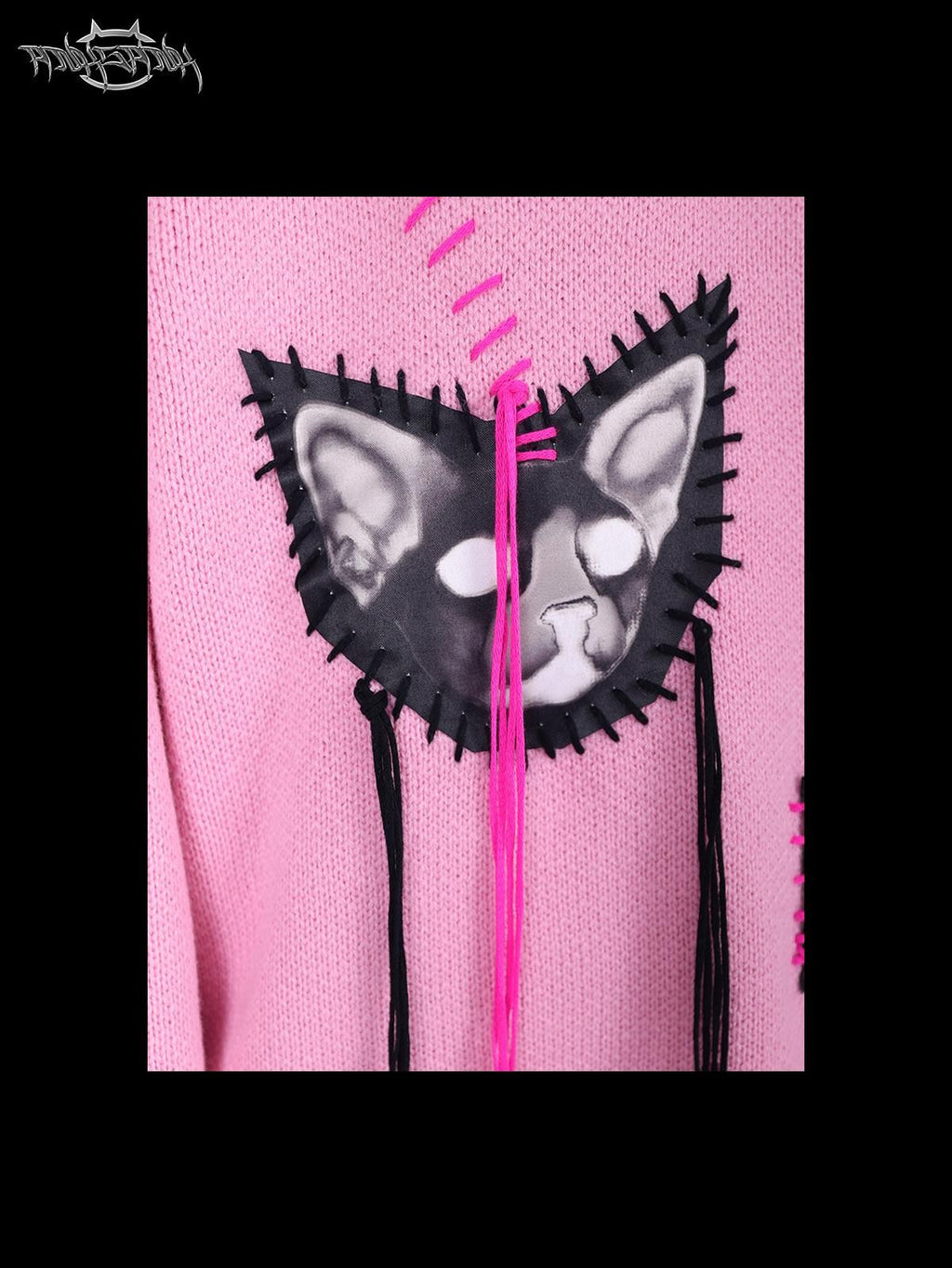 PINKSPINK Pink Sphinx Cat Handmade Patch Rock Punk Striped Women's Acrylic Blend Sweaters