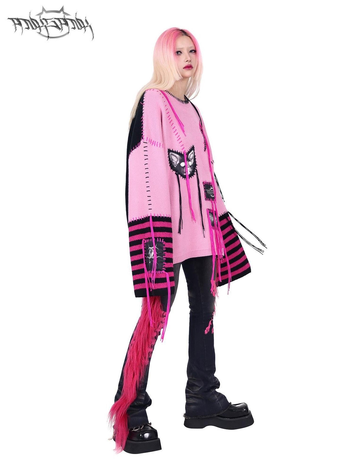 PINKSPINK Pink Sphinx Cat Handmade Patch Rock Punk Striped Women's Acrylic Blend Sweaters