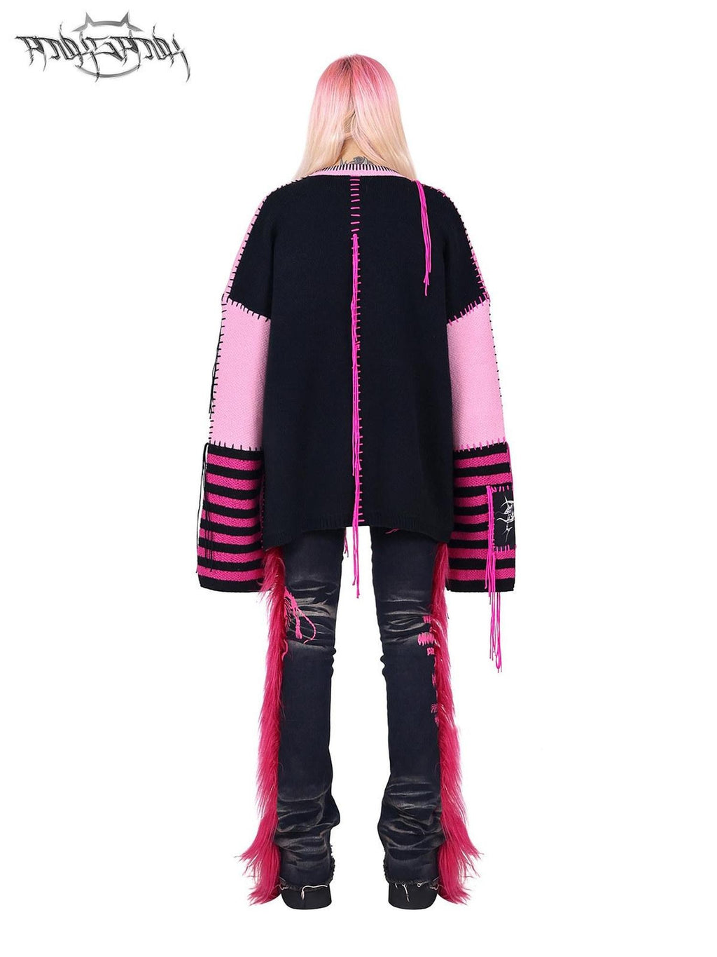 PINKSPINK Pink Sphinx Cat Handmade Patch Rock Punk Striped Women's Acrylic Blend Sweaters