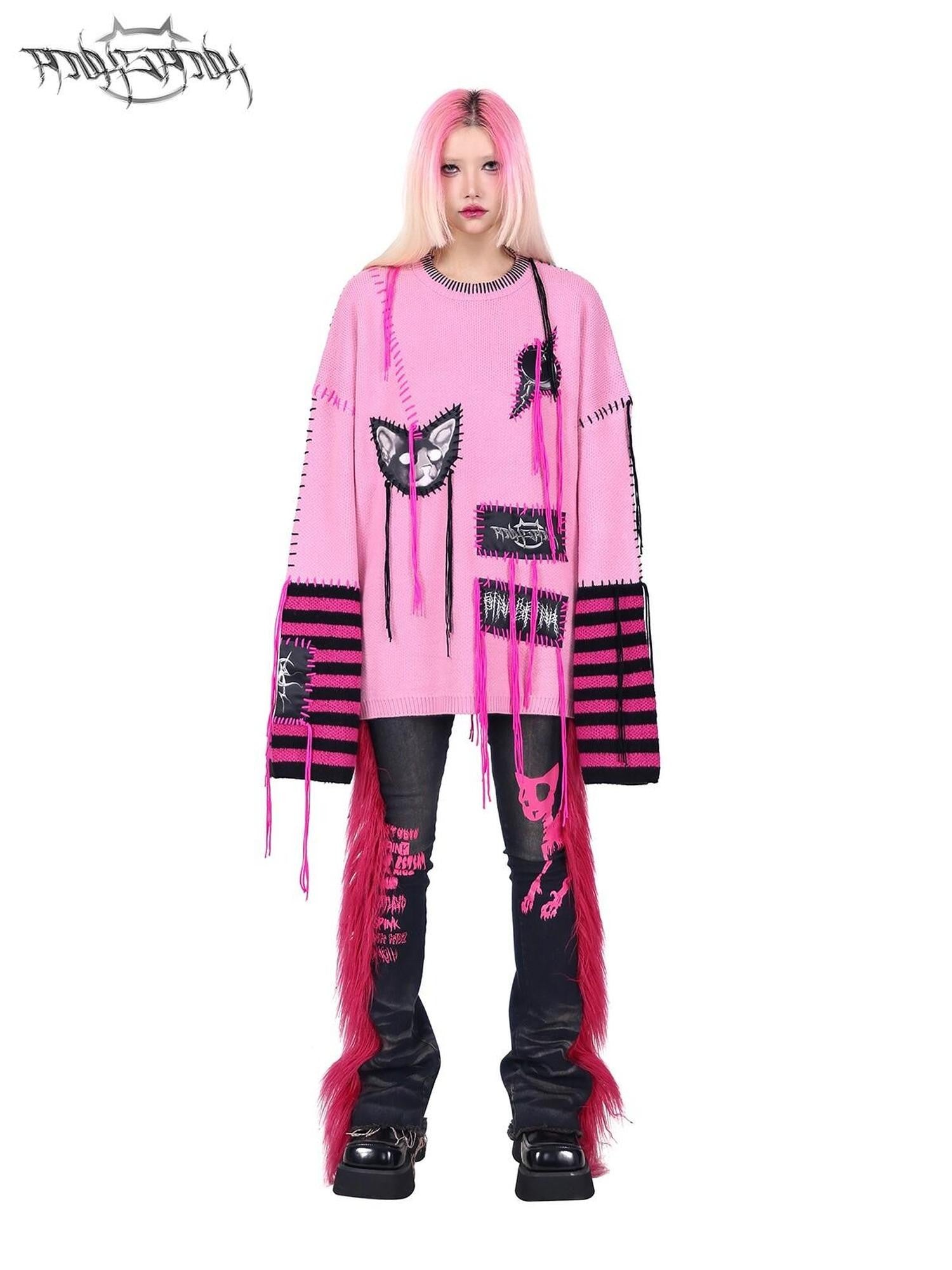 PINKSPINK Pink Sphinx Cat Handmade Patch Rock Punk Striped Women's Acrylic Blend Sweaters