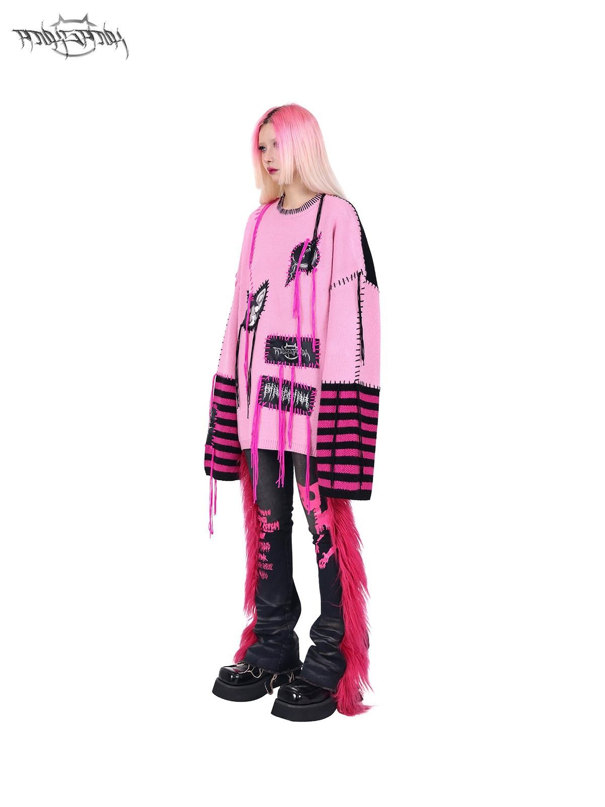 PINKSPINK Pink Sphinx Cat Handmade Patch Rock Punk Striped Women's Acrylic Blend Sweaters