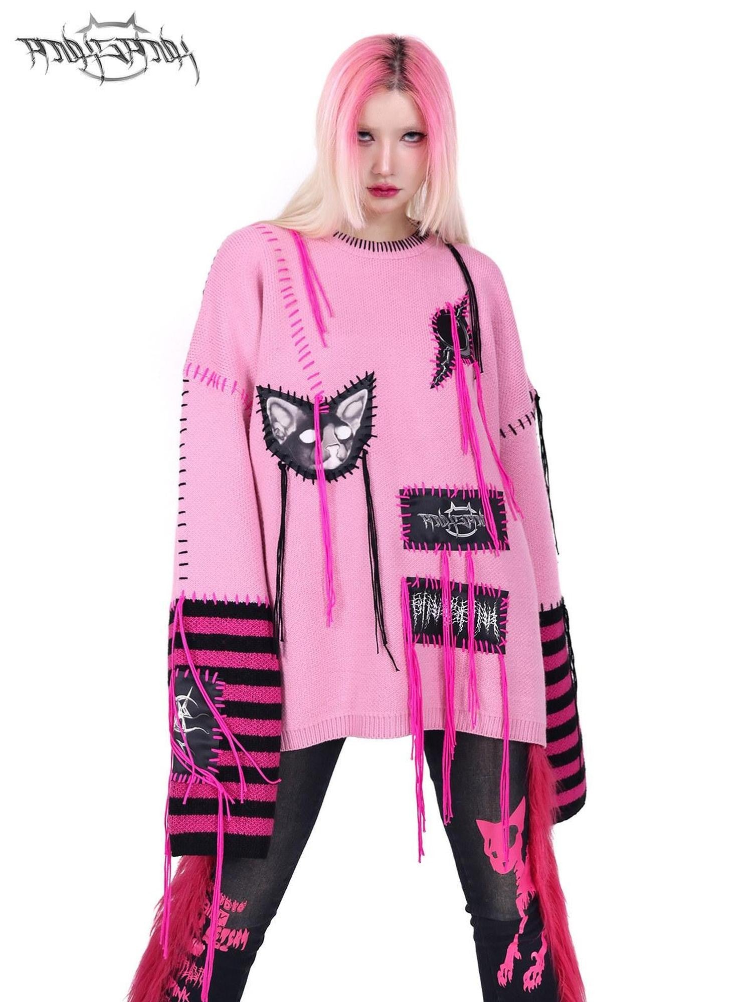 PINKSPINK Pink Sphinx Cat Handmade Patch Rock Punk Striped Women's Acrylic Sweaters