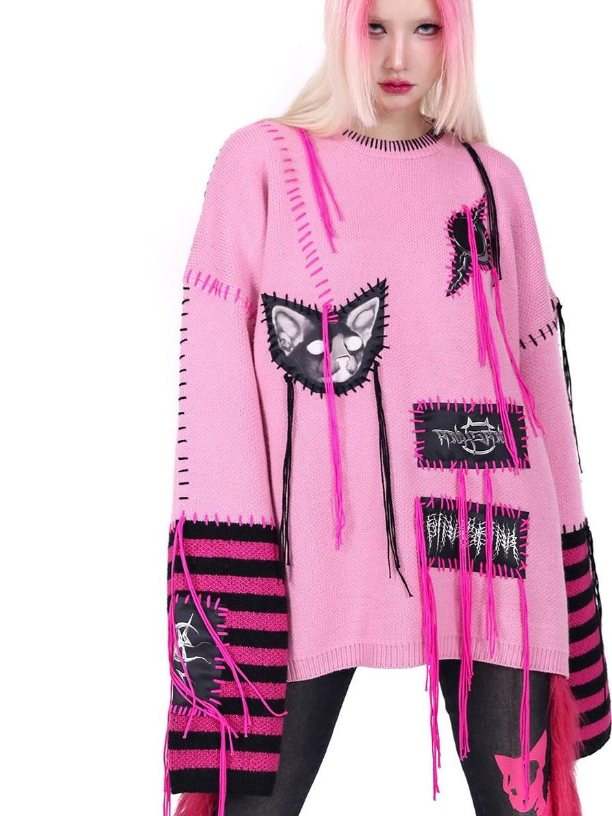 PINKSPINK Pink Sphinx Cat Handmade Patch Rock Punk Striped Women's Acrylic Sweaters