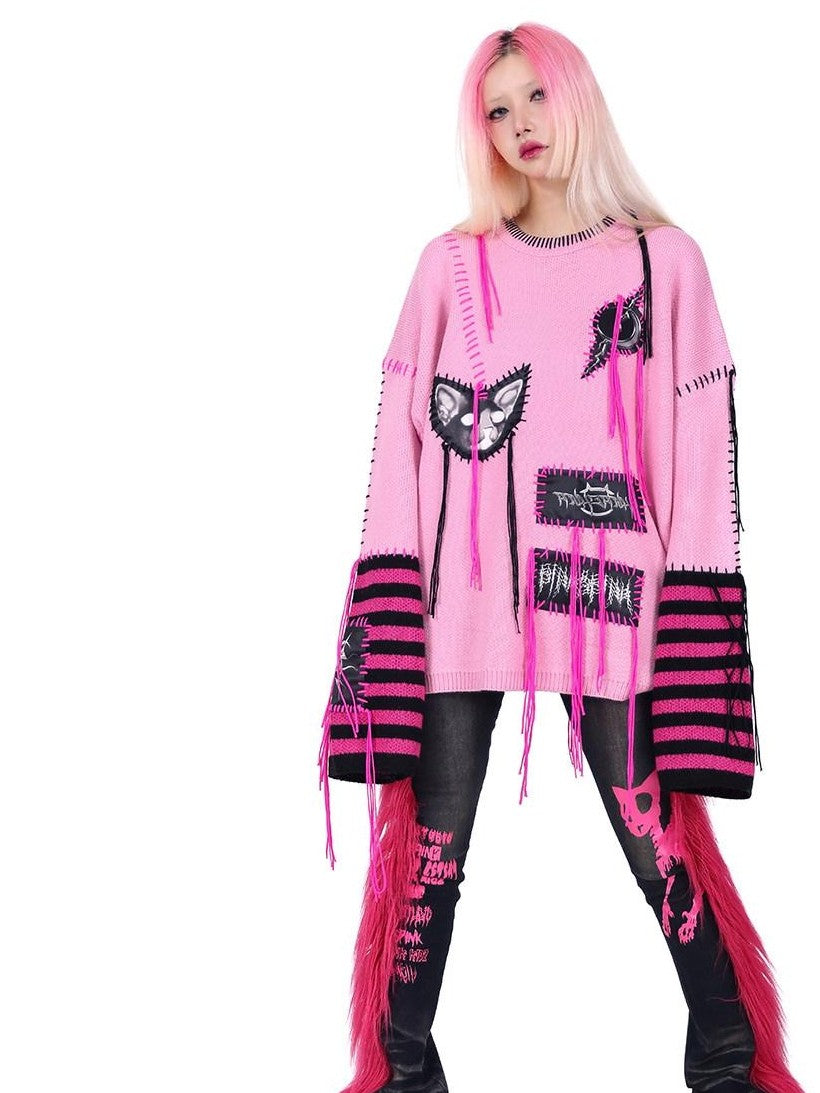 PINKSPINK Pink Sphinx Cat Handmade Patch Rock Punk Striped Women's Acrylic Sweaters