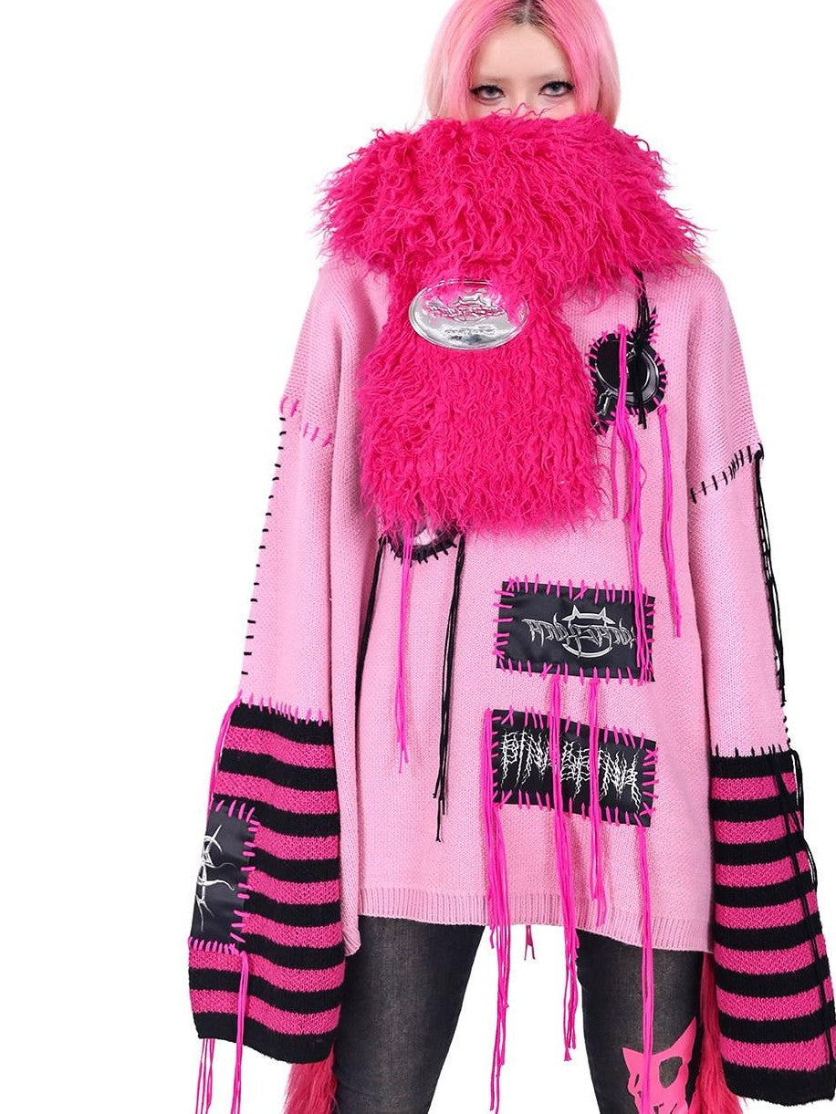 PINKSPINK Pink Sphinx Cat Handmade Patch Rock Punk Striped Women's Acrylic Sweaters