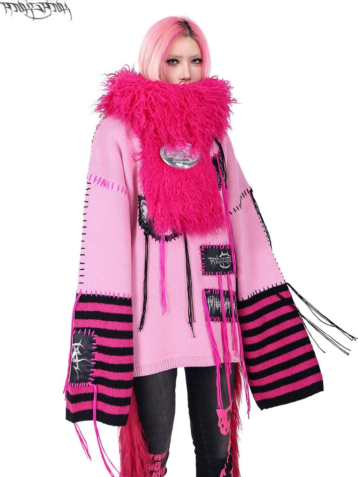PINKSPINK Pink Sphinx Cat Handmade Patch Rock Punk Striped Women's Acrylic Sweaters